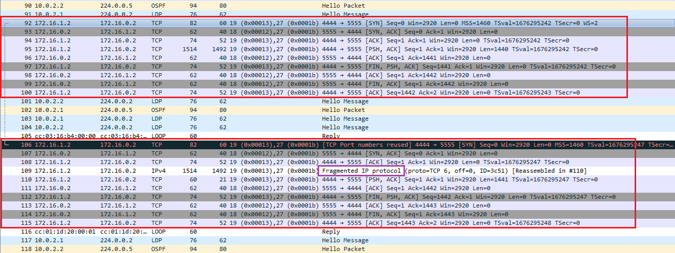 TCP transfers with different size of payloads