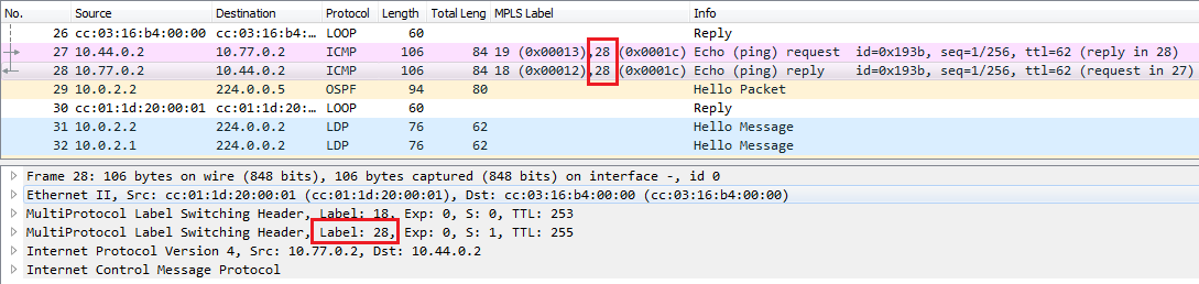 Wireshark packet capture – ping from the blue VRF