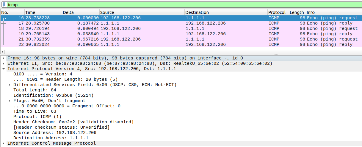 Packet capture between Kali1 and the IOSvL2 switch