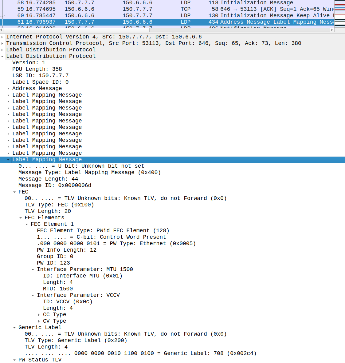 Targeted LDP session Label Mapping message