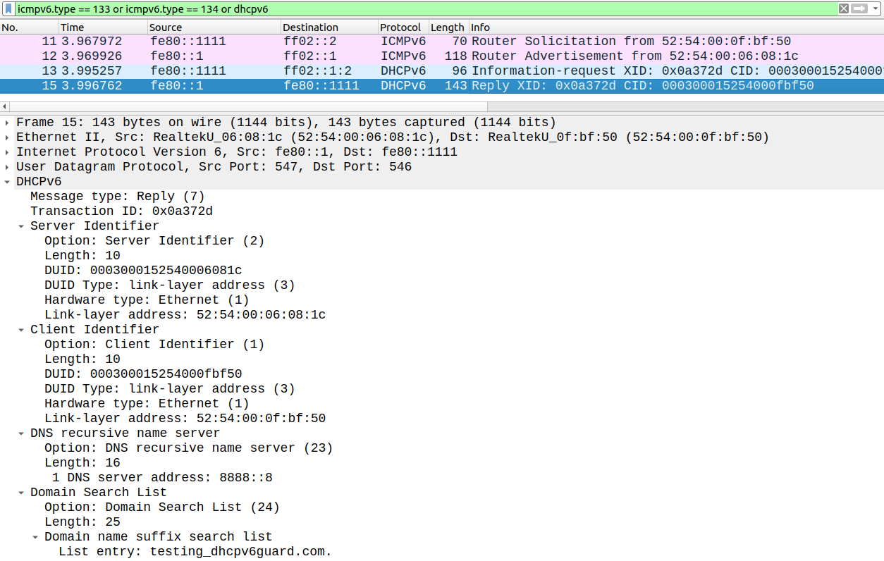 Stateless DHCPv6 Reply message