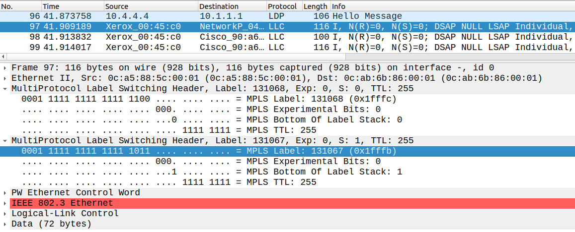 E-Pipe MPLS Label Stack in the core
