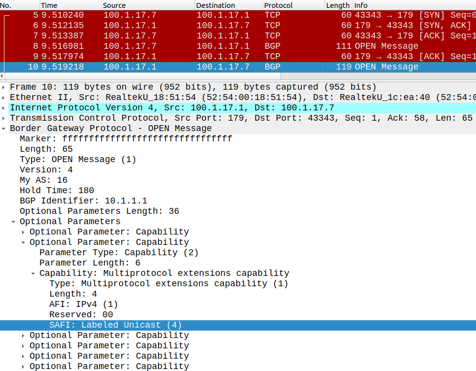 BGP OPEN message between R1 and R7 with AFI/SAFI capabilities