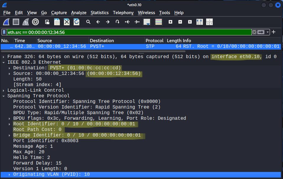 BPDU sent out by the Kali host