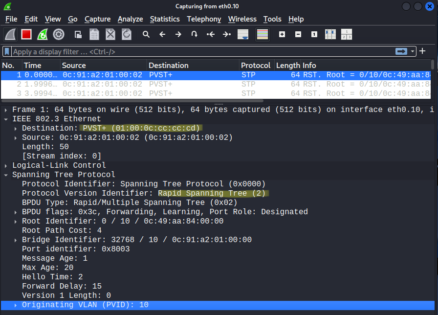 Receiving BPDUs in VLAN 10