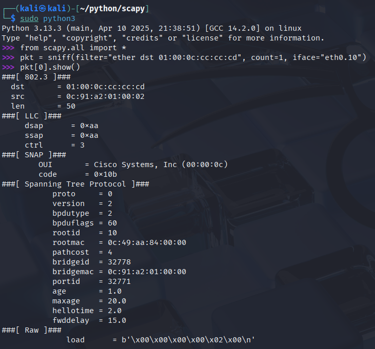 Sniff BPDU in VLAN 10 with Scapy