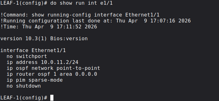 Routed port configuration on the Leaf switches connected to the Spines
