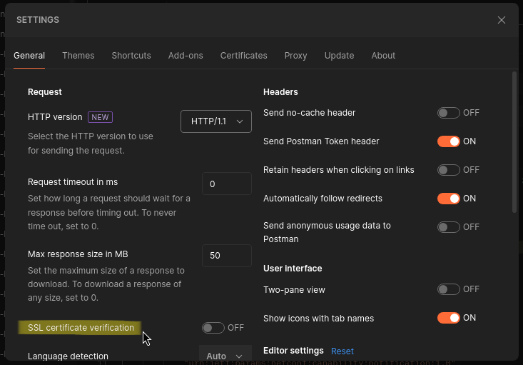 Disabling SSL cert verification in Postman