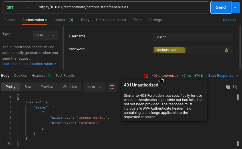 Postman bad password response